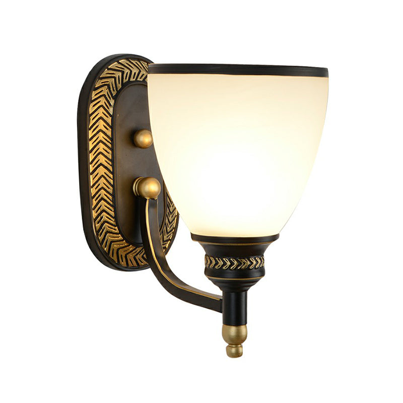 Vintage Bell Wall Sconce Lighting Opal Glass Wall Mounted Lamp in Black for Corridor Clearhalo 'Wall Lamps & Sconces' 'Wall Lights' Lighting' 2323440