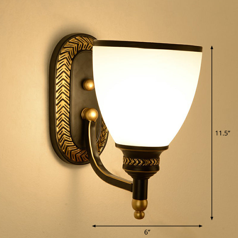 Vintage Bell Wall Sconce Lighting Opal Glass Wall Mounted Lamp in Black for Corridor Clearhalo 'Wall Lamps & Sconces' 'Wall Lights' Lighting' 2323441