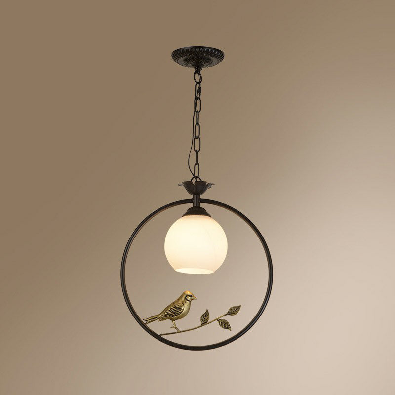 Country Bird and Ring Pendant Light Single Metal Hanging Lamp with Dome Milk Glass Shade Clearhalo 'Ceiling Lights' 'Pendant Lights' 'Pendants' Lighting' 2323455