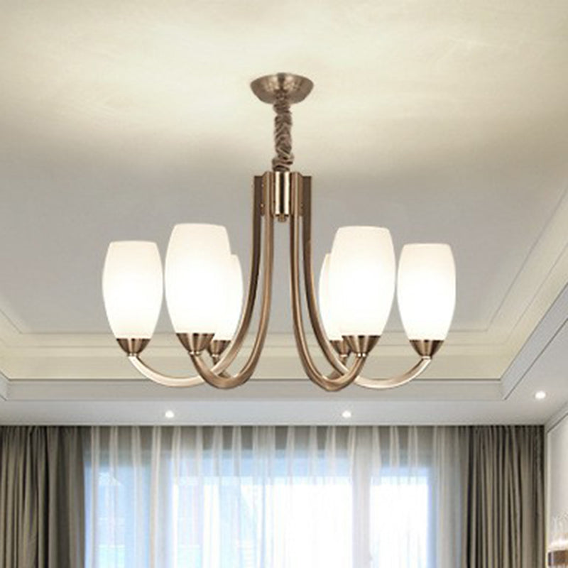 Nickel Finish Swoop Arm Chandelier Simplicity Metal Bedroom Pendant Light with Oval White Glass Shade Clearhalo 'Ceiling Lights' 'Chandeliers' Lighting' options 2323479