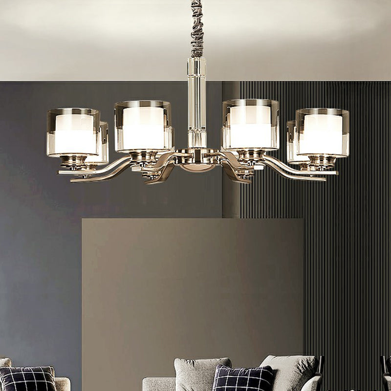 Cylindrical Restaurant Chandelier Frosted and Smoke Grey Glass Modern Hanging Light in Chrome Clearhalo 'Ceiling Lights' 'Chandeliers' Lighting' options 2323489