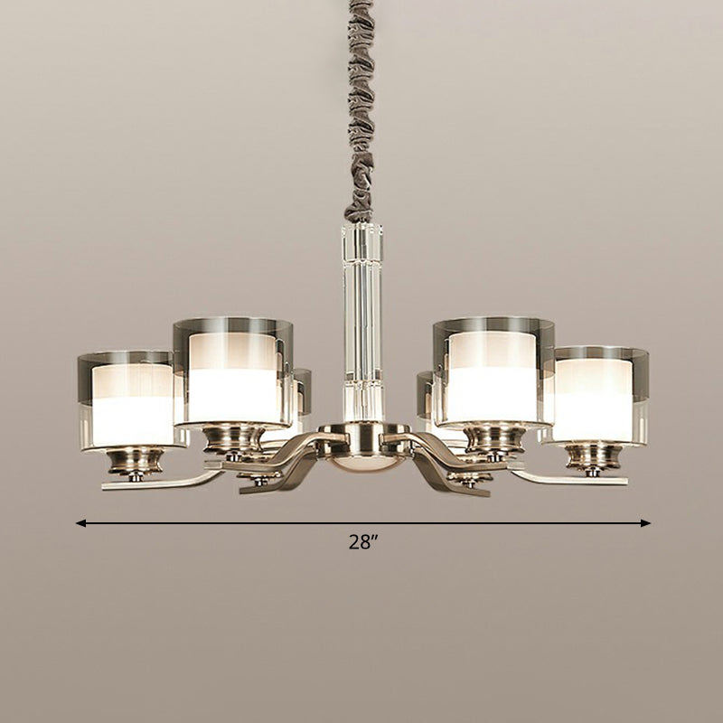 Cylindrical Restaurant Chandelier Frosted and Smoke Grey Glass Modern Hanging Light in Chrome Clearhalo 'Ceiling Lights' 'Chandeliers' Lighting' options 2323493