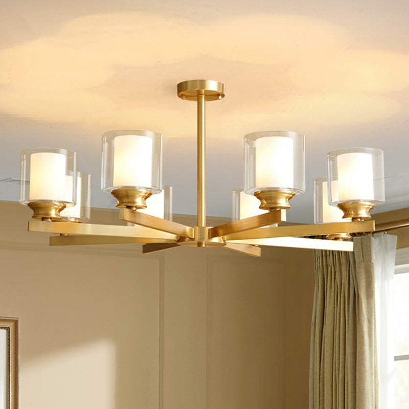 Brass Cylindrical Hanging Lamp Minimalism Clear and Frosted Glass Dining Room Chandelier Clearhalo 'Ceiling Lights' 'Chandeliers' Lighting' options 2323494