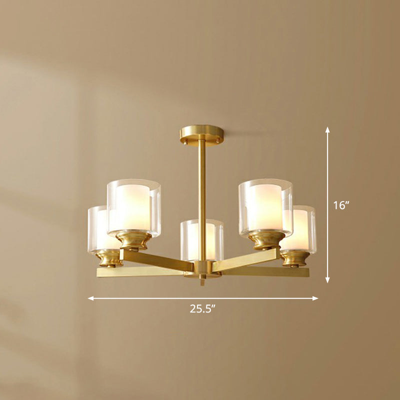 Brass Cylindrical Hanging Lamp Minimalism Clear and Frosted Glass Dining Room Chandelier Clearhalo 'Ceiling Lights' 'Chandeliers' Lighting' options 2323496