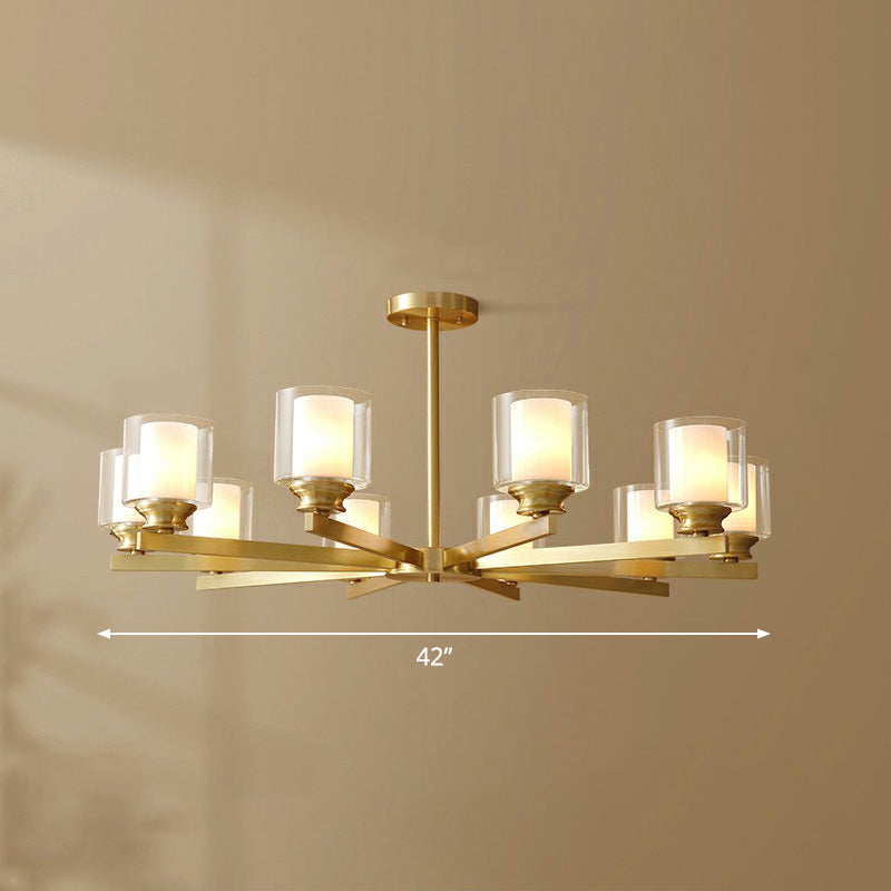 Brass Cylindrical Hanging Lamp Minimalism Clear and Frosted Glass Dining Room Chandelier Clearhalo 'Ceiling Lights' 'Chandeliers' Lighting' options 2323497