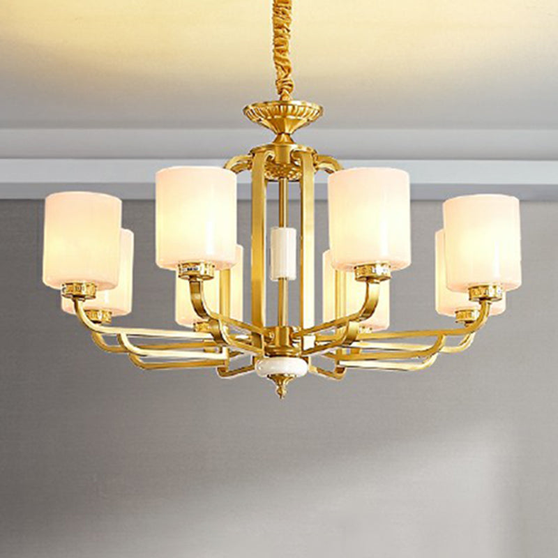 Traditional Cylinder Chandelier Milky Glass Ceiling Hang Light in Brass for Living Room Clearhalo 'Ceiling Lights' 'Chandeliers' Lighting' options 2323499