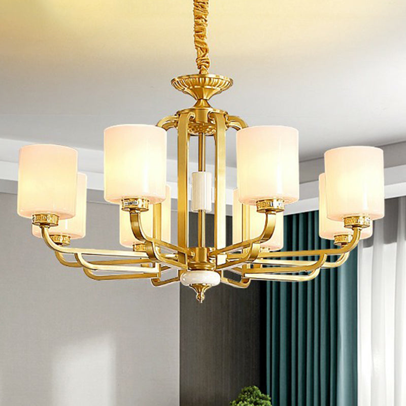 Traditional Cylinder Chandelier Milky Glass Ceiling Hang Light in Brass for Living Room Clearhalo 'Ceiling Lights' 'Chandeliers' Lighting' options 2323500