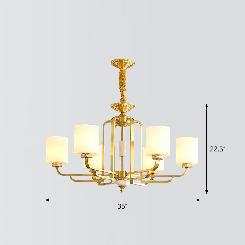 Traditional Cylinder Chandelier Milky Glass Ceiling Hang Light in Brass for Living Room Clearhalo 'Ceiling Lights' 'Chandeliers' Lighting' options 2323502