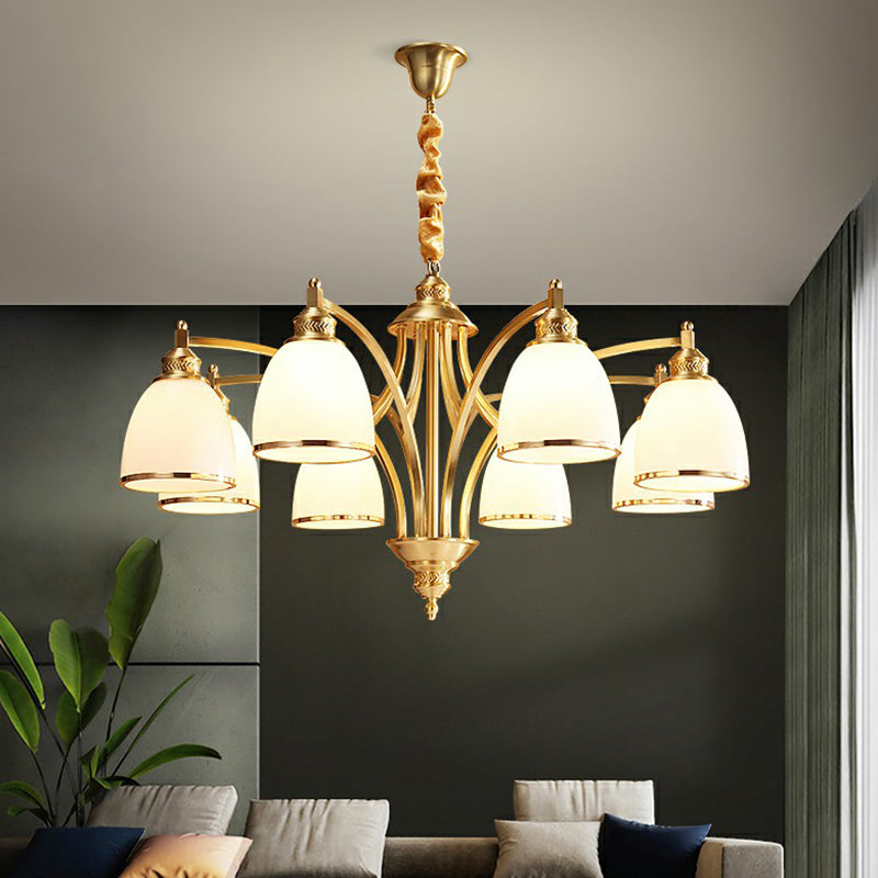 Brass Bell Shaped Chandelier Lamp Colonial Style Cream Glass Living Room Hanging Light Kit Clearhalo 'Ceiling Lights' 'Chandeliers' Lighting' options 2323534