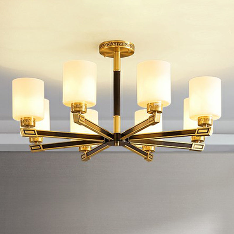 Satin Opal Glass Cylinder Ceiling Light Antique Living Room Chandelier in Black and Brass Clearhalo 'Ceiling Lights' 'Chandeliers' Lighting' options 2323564