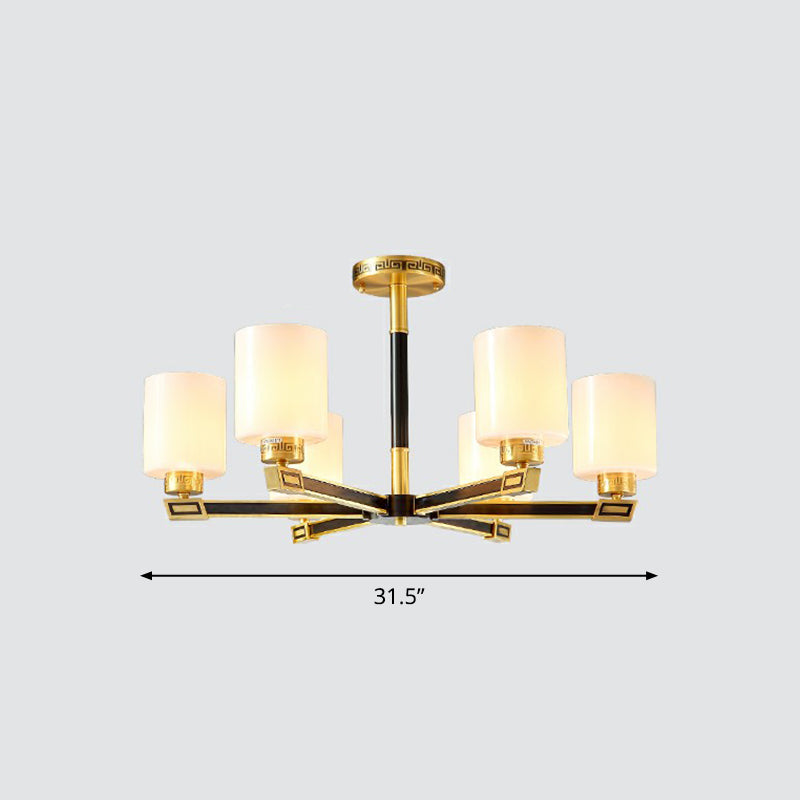 Satin Opal Glass Cylinder Ceiling Light Antique Living Room Chandelier in Black and Brass Clearhalo 'Ceiling Lights' 'Chandeliers' Lighting' options 2323567