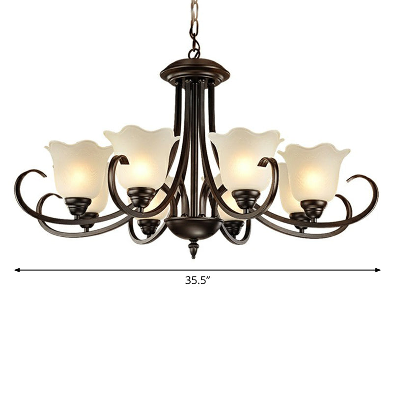 Black Finish Chandelier Lighting Retro Opal Frosted Glass Flower Hanging Light for Living Room Clearhalo 'Ceiling Lights' 'Chandeliers' Lighting' options 2323571