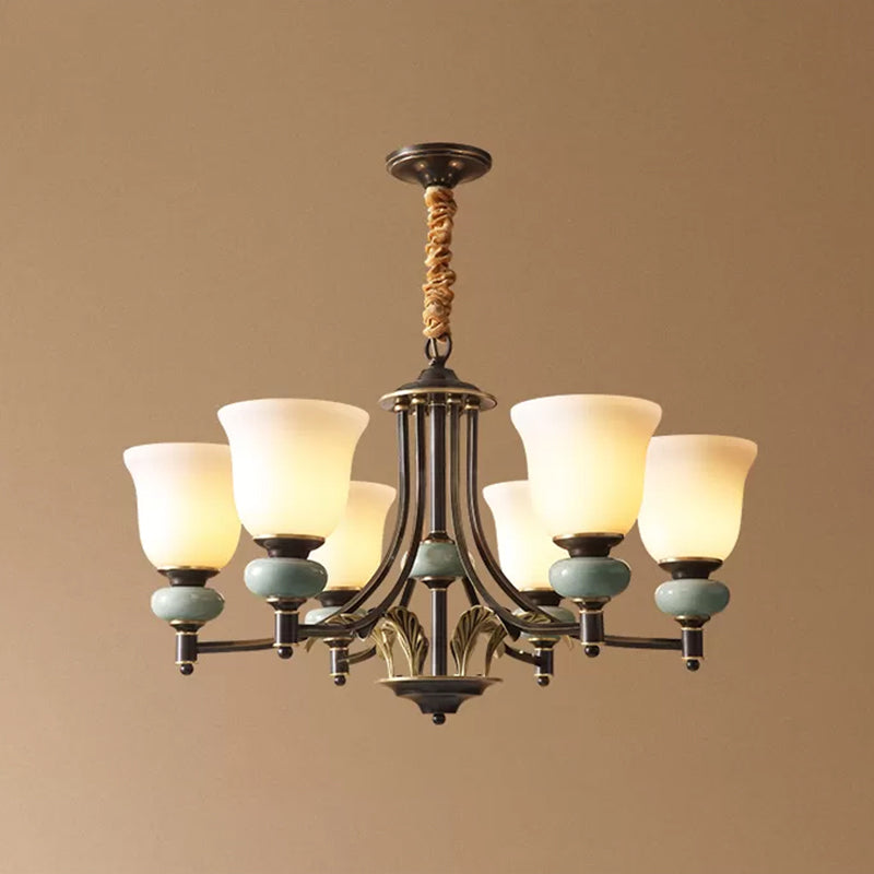 Carillon Living Room Chandelier Vintage White Glass 6-Light Black Pendant Light with Ceramic Decoration White Clearhalo 'Ceiling Lights' 'Chandeliers' Lighting' options 2323580_87ce1f8b-5a90-4b11-8470-b27fd9dfec41