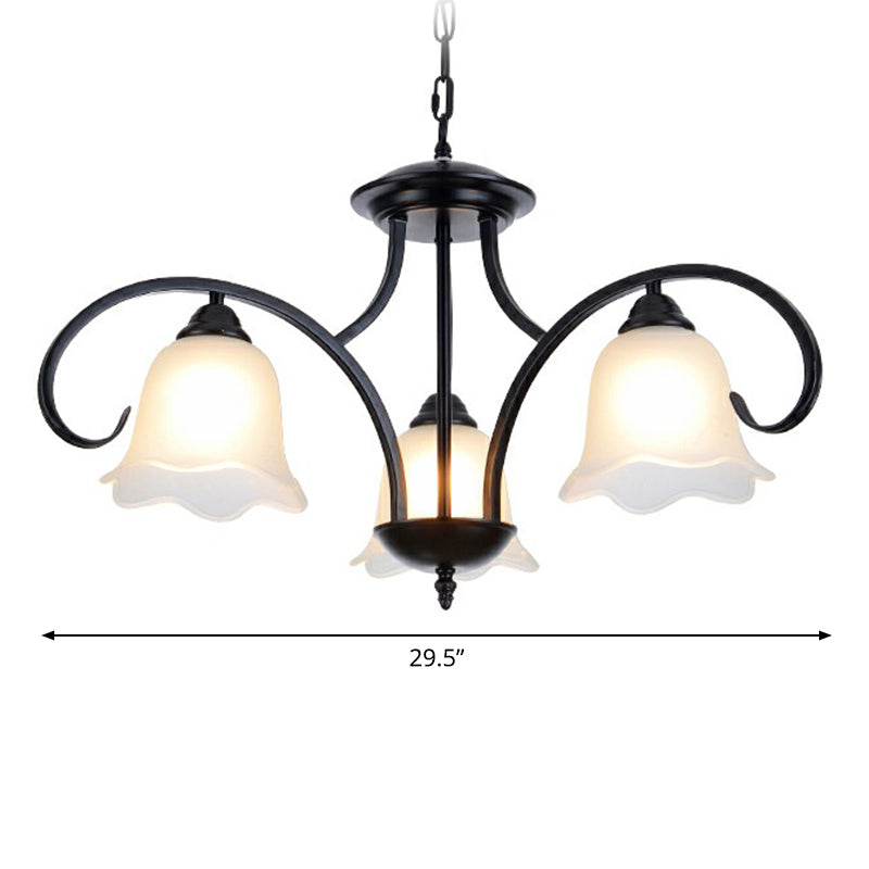 Frosted White Glass Floral Chandelier Country Style Bedroom Ceiling Suspension Lamp in Black Clearhalo 'Ceiling Lights' 'Chandeliers' Lighting' options 2323603