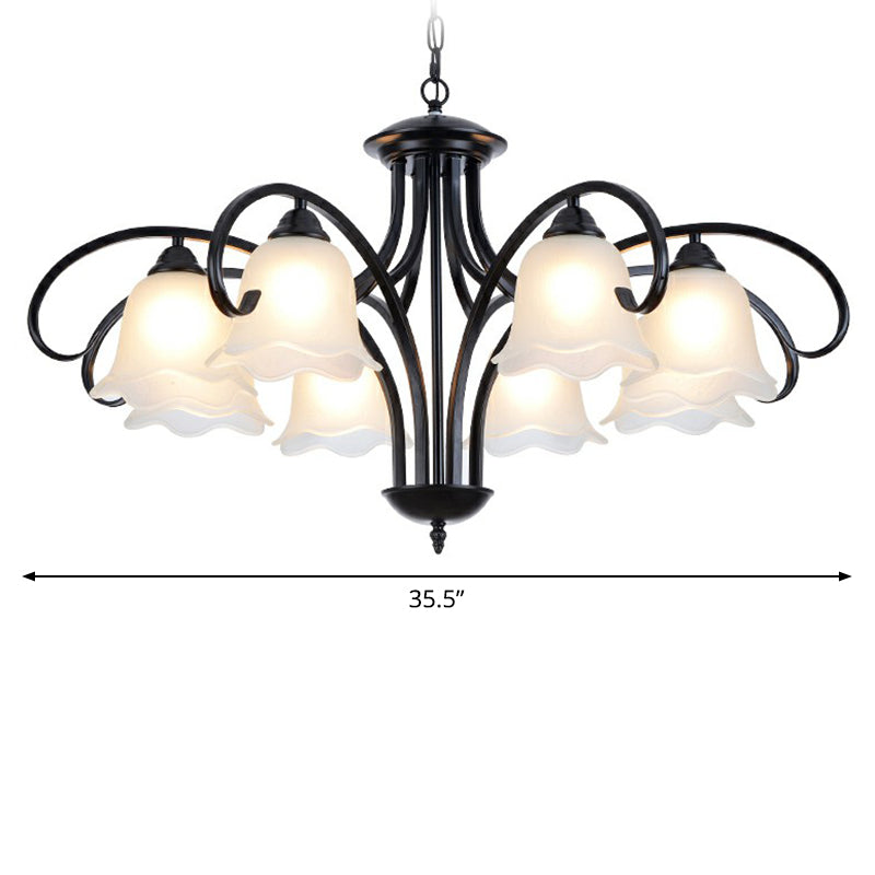 Frosted White Glass Floral Chandelier Country Style Bedroom Ceiling Suspension Lamp in Black Clearhalo 'Ceiling Lights' 'Chandeliers' Lighting' options 2323609