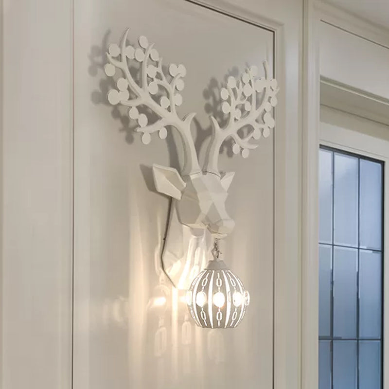 White 1 Light Sconce Light Rustic Resin Deer Wall Lighting Fixture with Globe Metal Shade Clearhalo 'Wall Lamps & Sconces' 'Wall Lights' Lighting' 232576