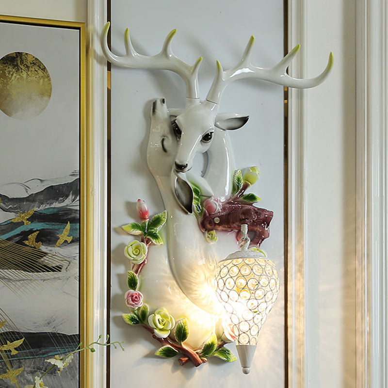 White/Gold 1 Light Wall Lighting Vintage Resin Deer Head Sconce Lamp with Droplet Crystal Shade Clearhalo 'Wall Lamps & Sconces' 'Wall Lights' Lighting' 232580