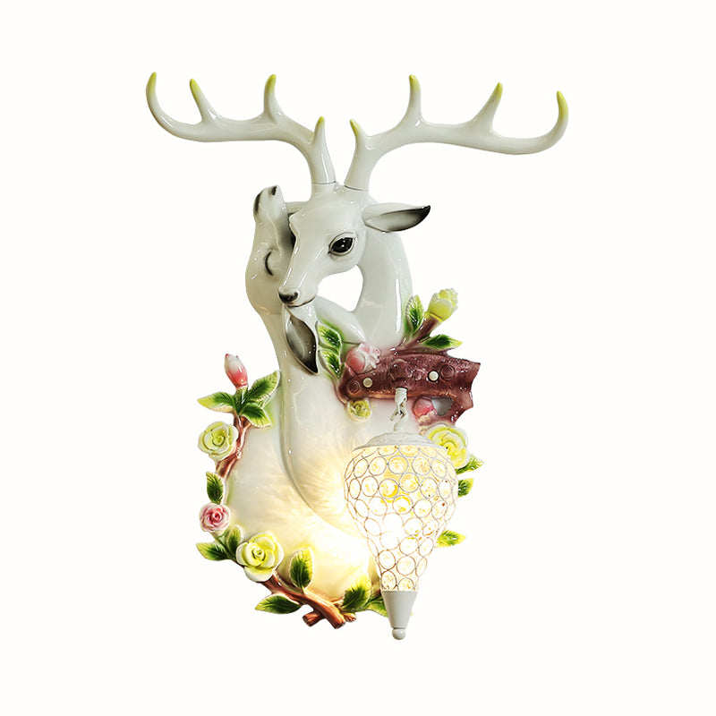 White/Gold 1 Light Wall Lighting Vintage Resin Deer Head Sconce Lamp with Droplet Crystal Shade Clearhalo 'Wall Lamps & Sconces' 'Wall Lights' Lighting' 232581