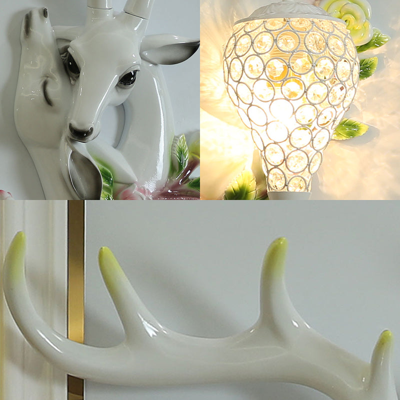 White/Gold 1 Light Wall Lighting Vintage Resin Deer Head Sconce Lamp with Droplet Crystal Shade Clearhalo 'Wall Lamps & Sconces' 'Wall Lights' Lighting' 232583