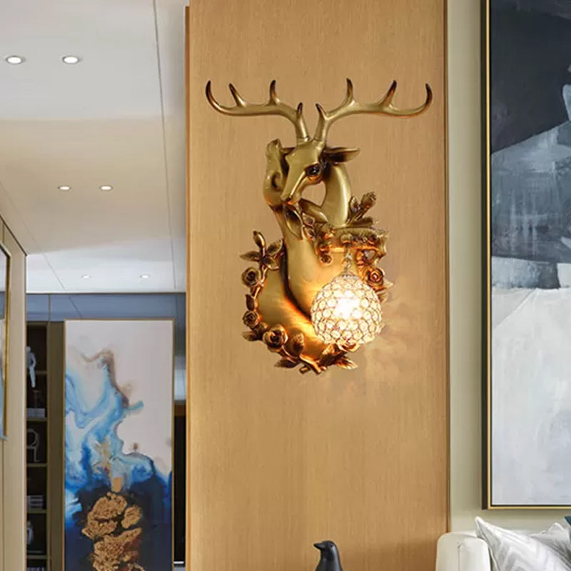 White/Gold 1 Light Wall Lighting Vintage Resin Deer Head Sconce Lamp with Droplet Crystal Shade Clearhalo 'Wall Lamps & Sconces' 'Wall Lights' Lighting' 232585