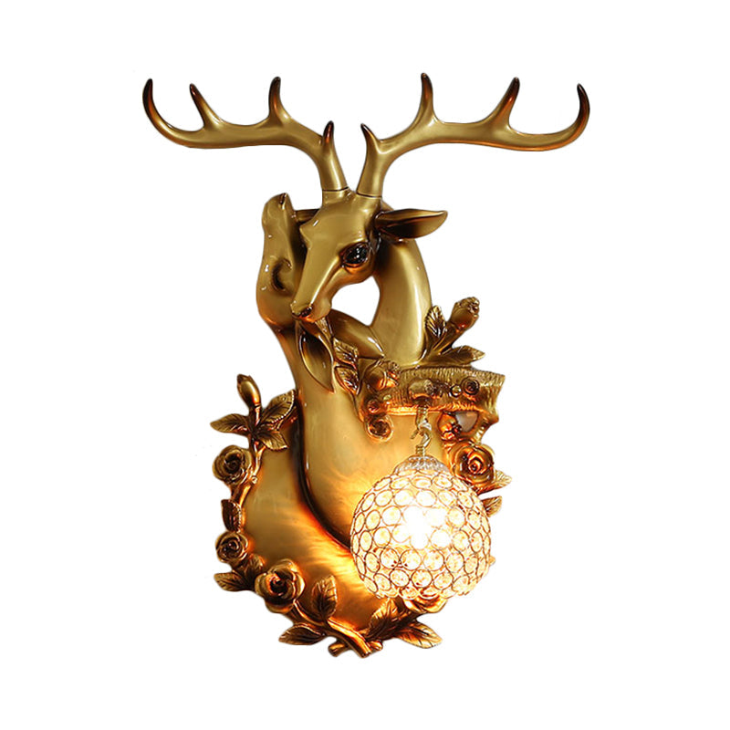 White/Gold 1 Light Wall Lighting Vintage Resin Deer Head Sconce Lamp with Droplet Crystal Shade Clearhalo 'Wall Lamps & Sconces' 'Wall Lights' Lighting' 232586