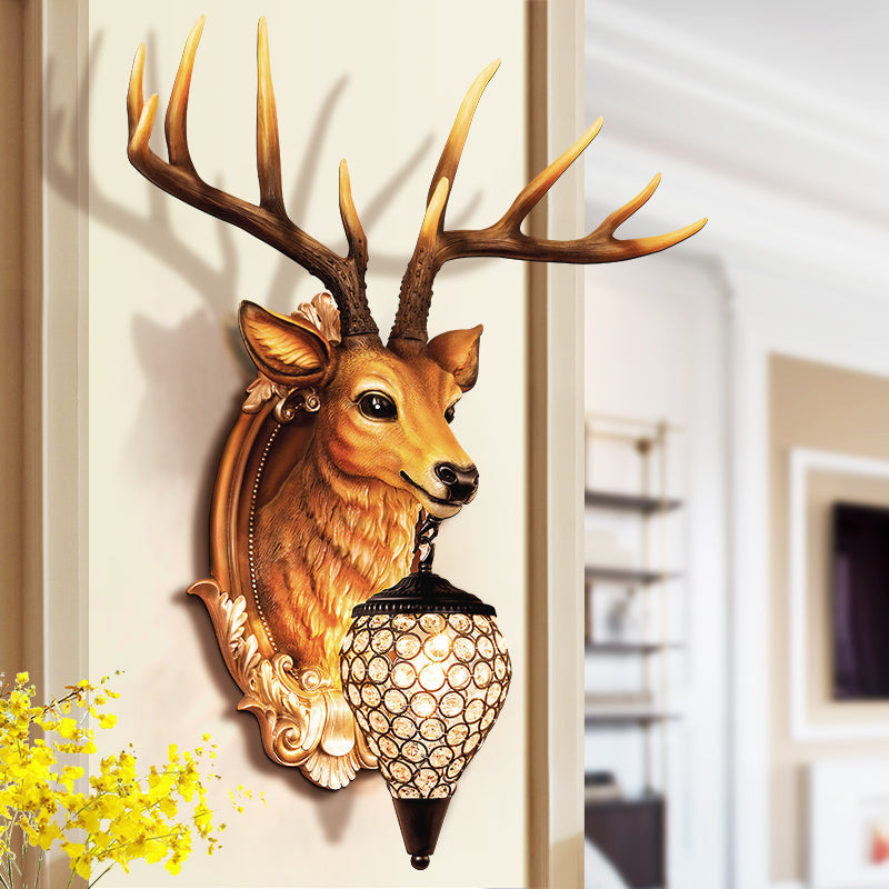 White/Beige/Yellow Deer Wall Lighting Rustic Resin 1 Light Living Room Sconce Lamp with Droplet Crystal Shade Clearhalo 'Wall Lamps & Sconces' 'Wall Lights' Lighting' 232595