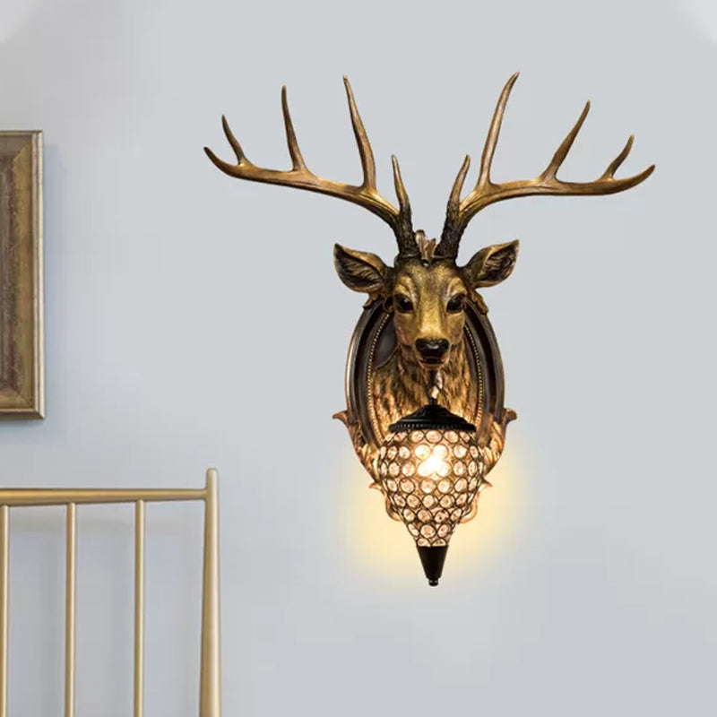 White/Beige/Yellow Deer Wall Lighting Rustic Resin 1 Light Living Room Sconce Lamp with Droplet Crystal Shade Clearhalo 'Wall Lamps & Sconces' 'Wall Lights' Lighting' 232599