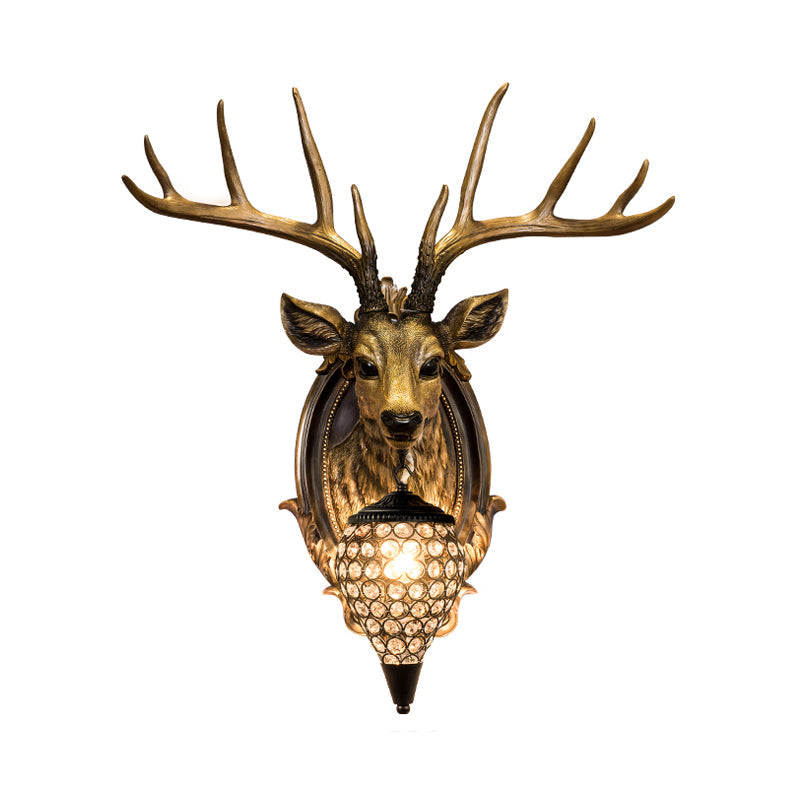 White/Beige/Yellow Deer Wall Lighting Rustic Resin 1 Light Living Room Sconce Lamp with Droplet Crystal Shade Clearhalo 'Wall Lamps & Sconces' 'Wall Lights' Lighting' 232600