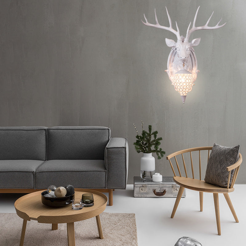 White/Beige/Yellow Deer Wall Lighting Rustic Resin 1 Light Living Room Sconce Lamp with Droplet Crystal Shade Clearhalo 'Wall Lamps & Sconces' 'Wall Lights' Lighting' 232602