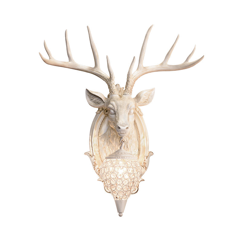 White/Beige/Yellow Deer Wall Lighting Rustic Resin 1 Light Living Room Sconce Lamp with Droplet Crystal Shade Clearhalo 'Wall Lamps & Sconces' 'Wall Lights' Lighting' 232608