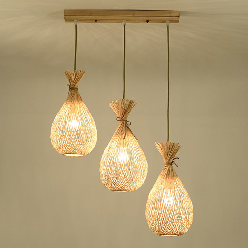 Wood Teardrop Shaped Hanging Light Fixture Cottage 3 Heads Bamboo Cluster Pendant Light Clearhalo 'Ceiling Lights' 'Pendant Lights' 'Pendants' Lighting' 2326408