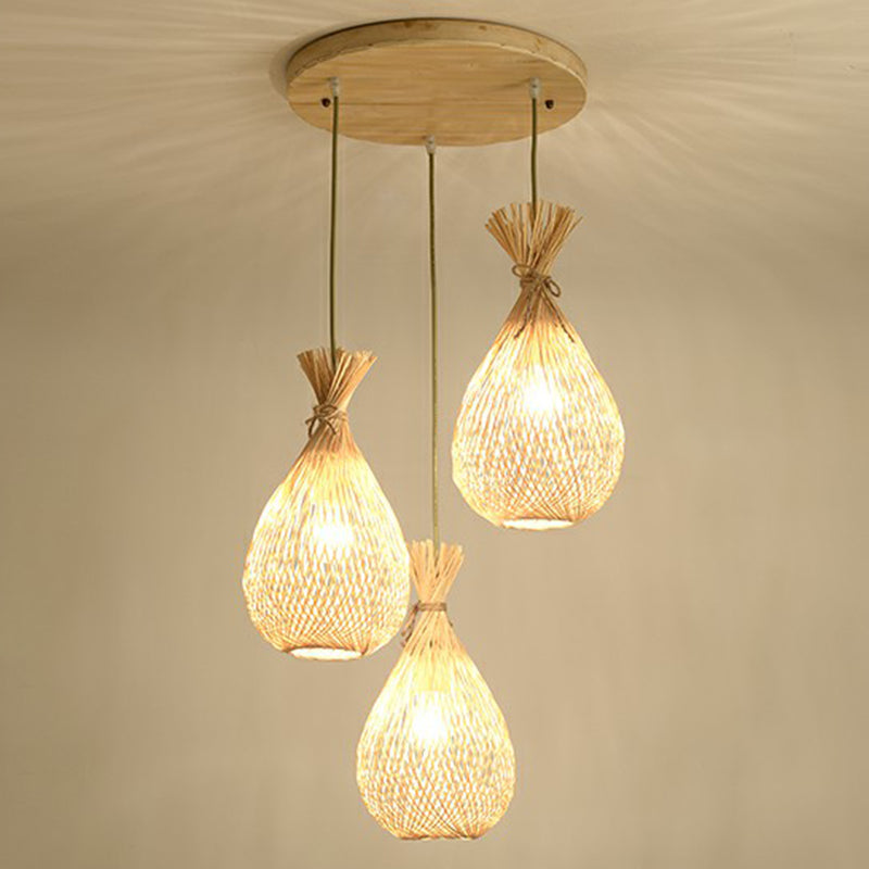 Wood Teardrop Shaped Hanging Light Fixture Cottage 3 Heads Bamboo Cluster Pendant Light Clearhalo 'Ceiling Lights' 'Pendant Lights' 'Pendants' Lighting' 2326409