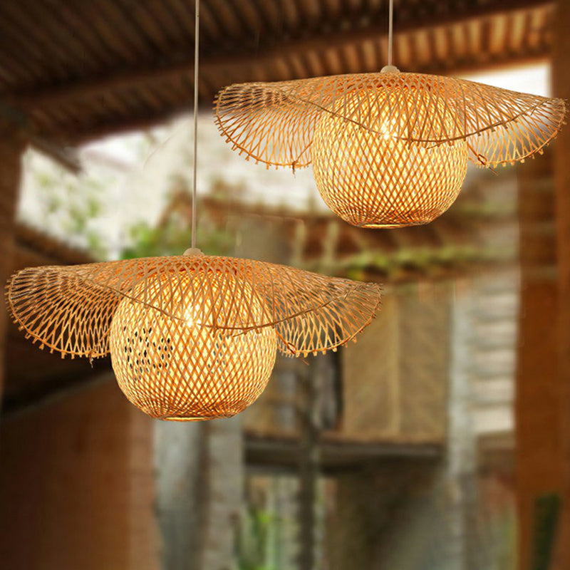 Beige Lotus Leaf Suspension Light Fixture Asian 1 Head Bamboo Hanging Pendant Light Clearhalo 'Ceiling Lights' 'Pendant Lights' 'Pendants' Lighting' 2326440