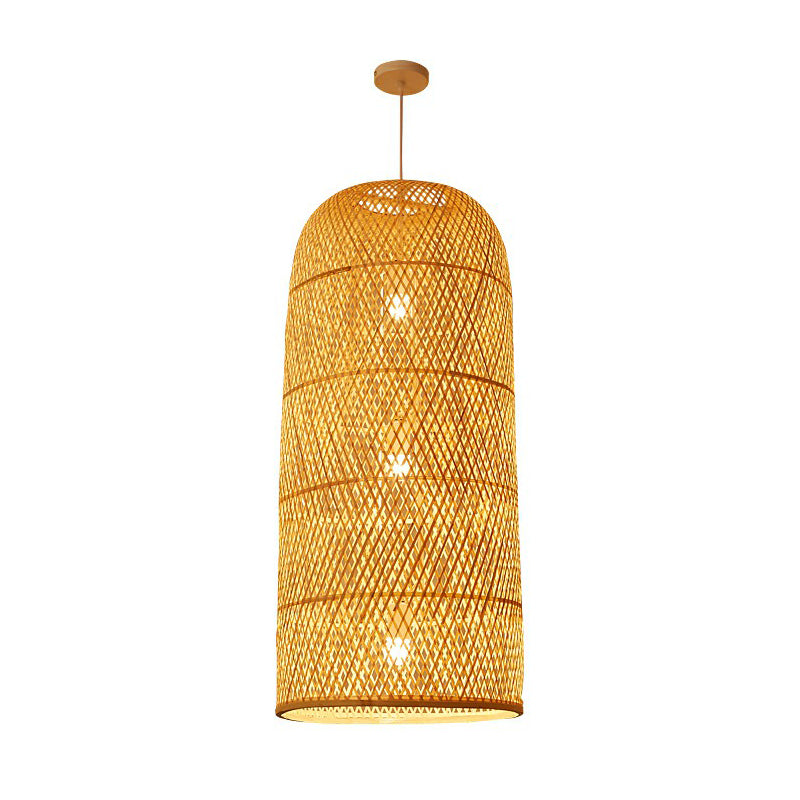 Hand Woven Bamboo Pendant Light Kit Asian 1 Head Beige Suspended Lighting Fixture Clearhalo 'Ceiling Lights' 'Pendant Lights' 'Pendants' Lighting' 2326463