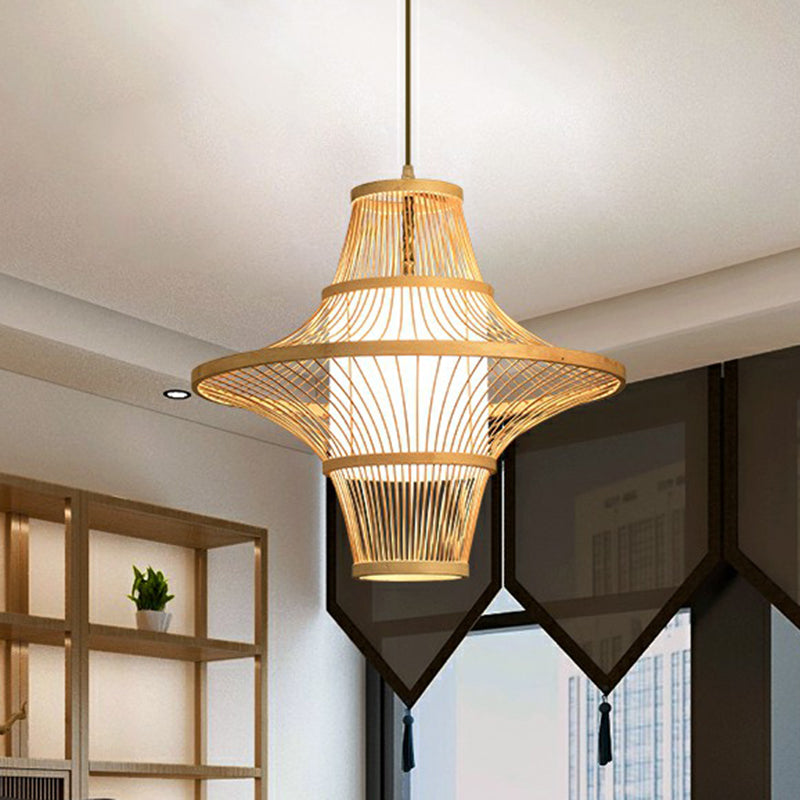 Symmetric Cage Bamboo Pendant Lamp Modern 1-Light Wood Pendulum Light for Restaurant Clearhalo 'Ceiling Lights' 'Pendant Lights' 'Pendants' Lighting' 2326527