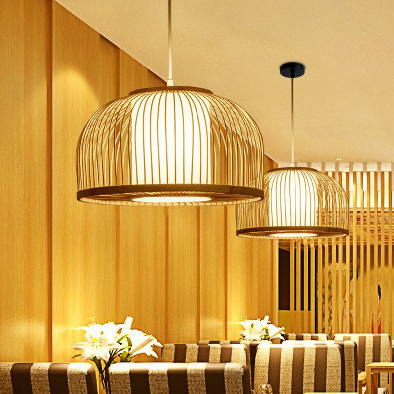 1 Bulb Restaurant Hanging Lighting Minimalist Wood Drop Pendant with Bowl Cage Bamboo Shade Clearhalo 'Ceiling Lights' 'Pendant Lights' 'Pendants' Lighting' 2326587