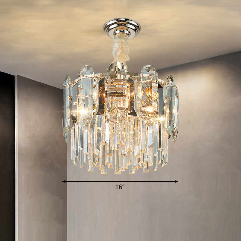 Drum Shaped Pendant Chandelier Contemporary Clear Crystal Hanging Light Fixture for Living Room Clear 16