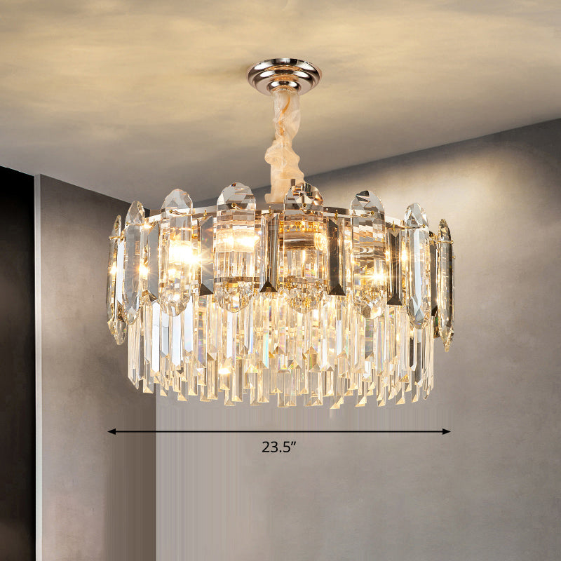 Drum Shaped Pendant Chandelier Contemporary Clear Crystal Hanging Light Fixture for Living Room Clear 23.5