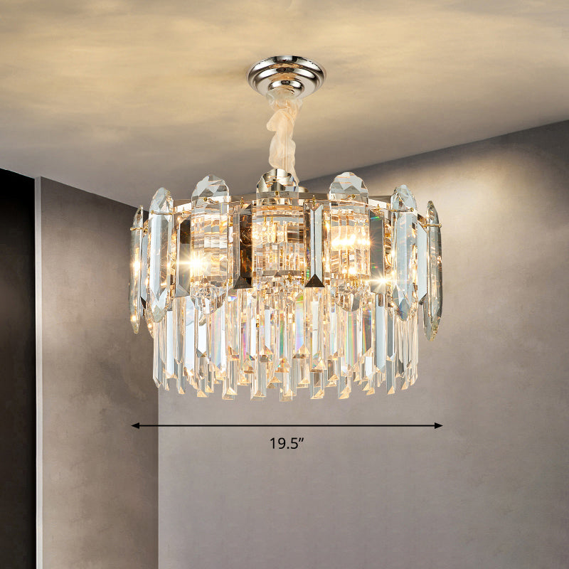 Drum Shaped Pendant Chandelier Contemporary Clear Crystal Hanging Light Fixture for Living Room Clear 19.5