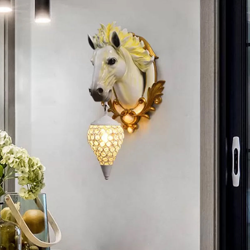 White/Red 1 Light Sconce Light Vintage Resin Horse Wall Lamp with Droplet Crystal Shade for Indoor, 9.5