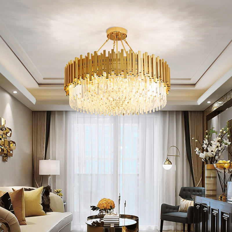 6 Lights Living Room Chandelier Minimalist Gold Ceiling Pendant Light with Drum Crystal Shade Clearhalo 'Ceiling Lights' 'Chandeliers' 'Modern Chandeliers' 'Modern' Lighting' 2327517