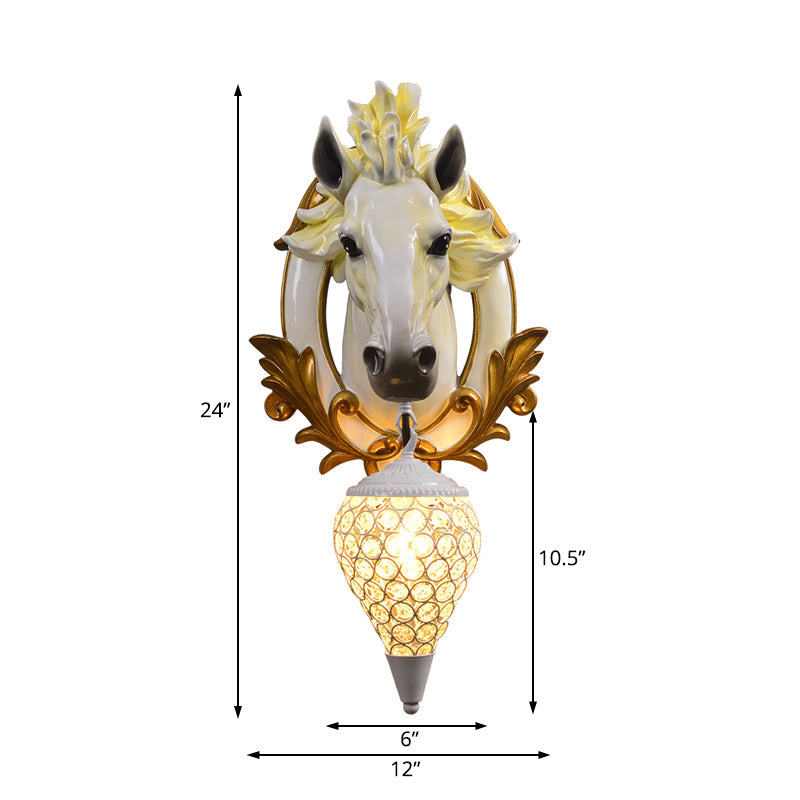 White/Red 1 Light Sconce Light Vintage Resin Horse Wall Lamp with Droplet Crystal Shade for Indoor, 9.5