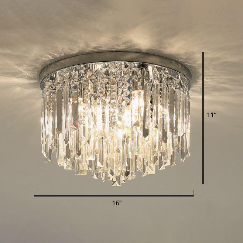 Round Ceiling Light Fixture Modern K9 Crystal Stick Bedroom Flush Mount Lighting Chrome 16