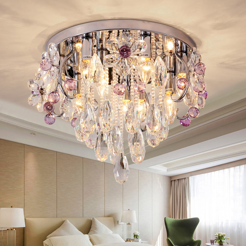 Crystal Teardrops Ceiling Mount Light Modern Chrome Finish Flush Light Fixture for Bedroom Clearhalo 'Ceiling Lights' 'Close To Ceiling Lights' 'Close to ceiling' 'Flush mount' Lighting' 2327570