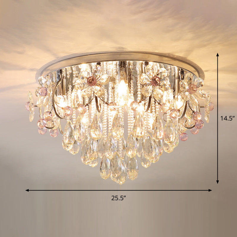 Crystal Teardrops Ceiling Mount Light Modern Chrome Finish Flush Light Fixture for Bedroom Chrome 25.5