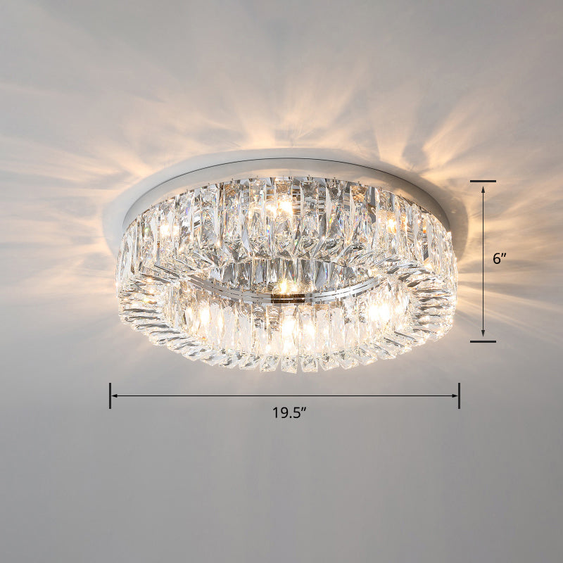 Modern Circular Flush Ceiling Light Fixture Beveled Crystal Living Room Flush-Mount Light Silver 19.5