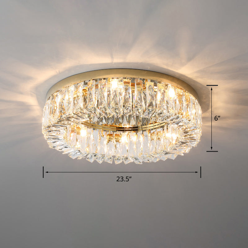 Modern Circular Flush Ceiling Light Fixture Beveled Crystal Living Room Flush-Mount Light Gold 23.5