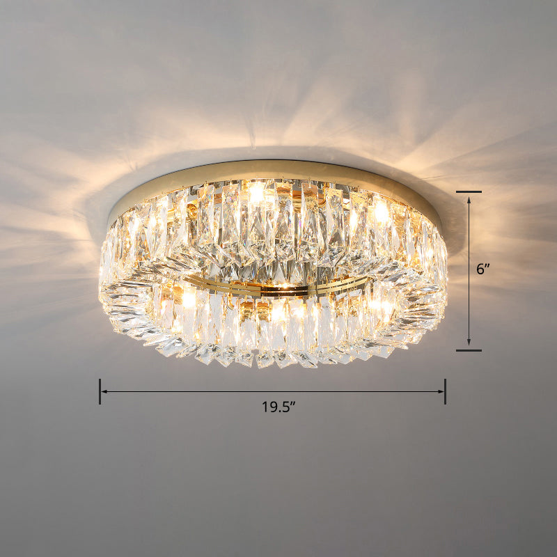 Modern Circular Flush Ceiling Light Fixture Beveled Crystal Living Room Flush-Mount Light Gold 19.5