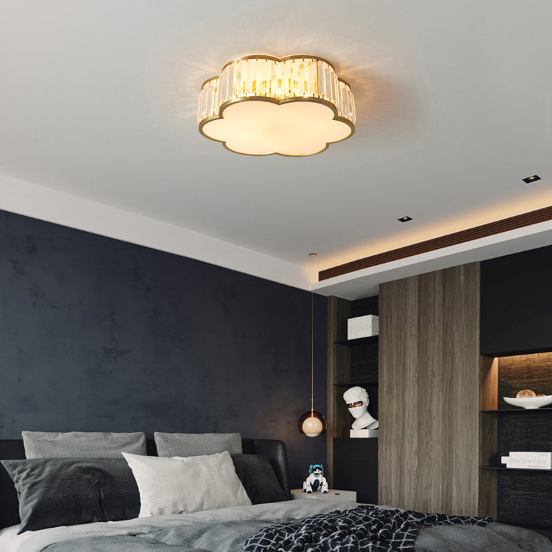 Brass Finish Floral Ceiling Lighting Simplicity 3-Light Crystal Flush Mount Fixture for Bedroom Clearhalo 'Ceiling Lights' 'Close To Ceiling Lights' 'Close to ceiling' 'Flush mount' Lighting' 2327671