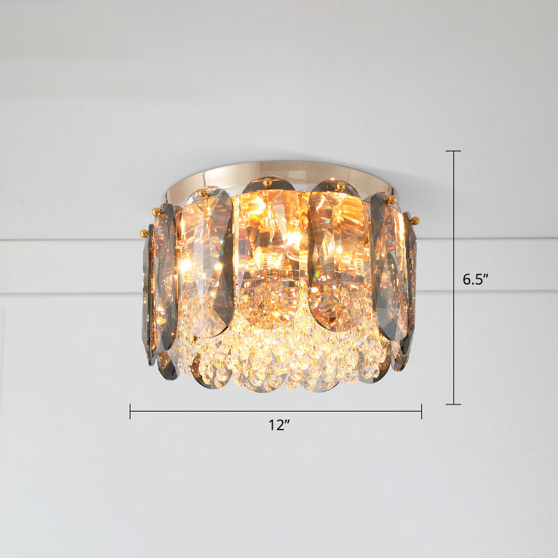 Brass Drum Shaped Flushmount Lighting Modern 3 Lights Crystal Ceiling Light for Corridor Brass 12